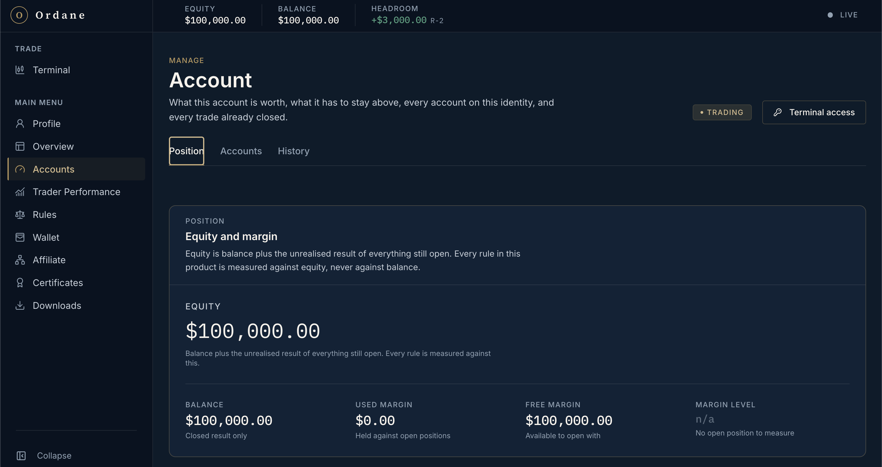 Ordane Account — equity, margin and account limits